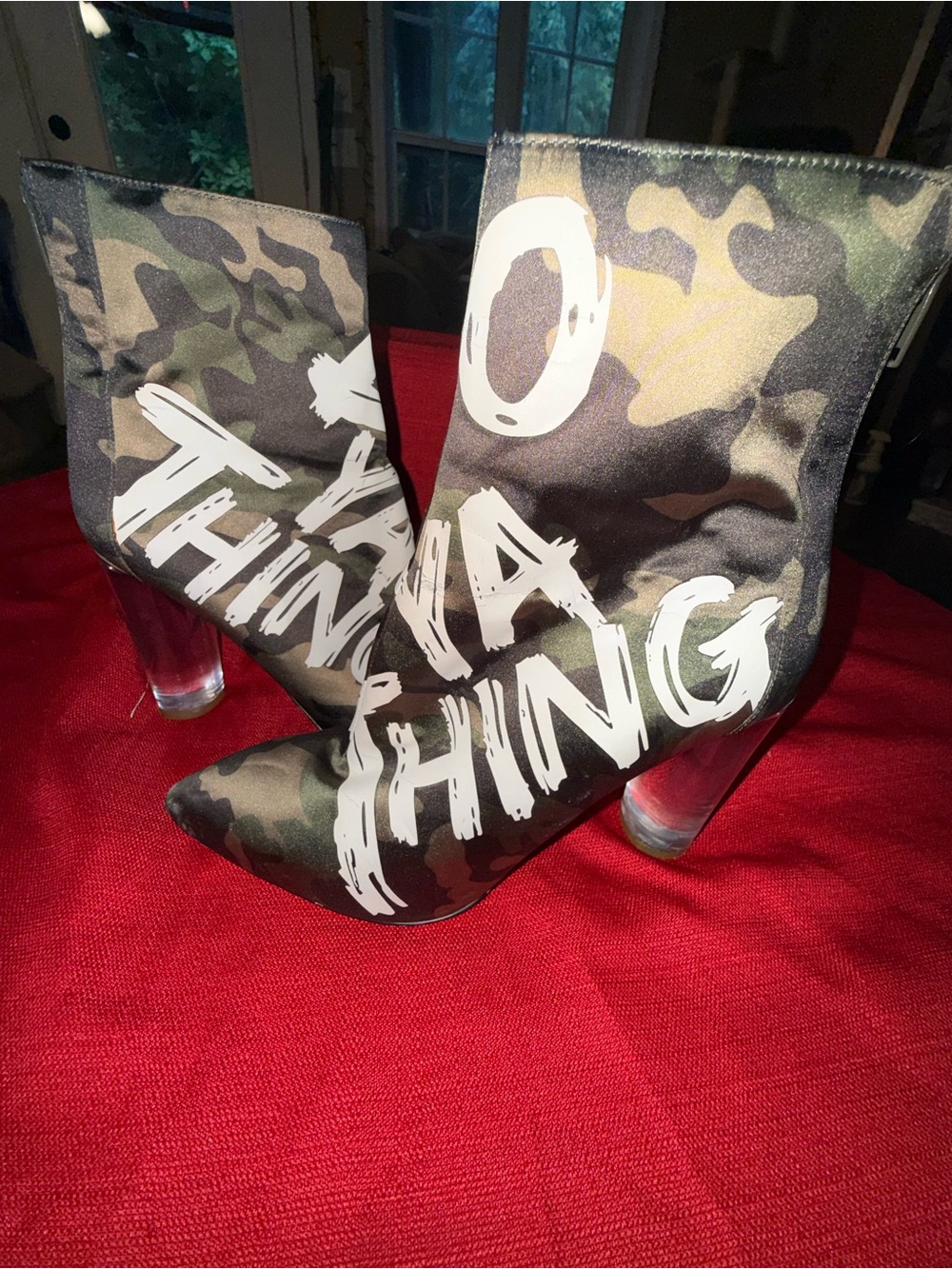 Aldo Limited Edition Camo Graphic Ankle Boots with Clear Heel - Green- 8